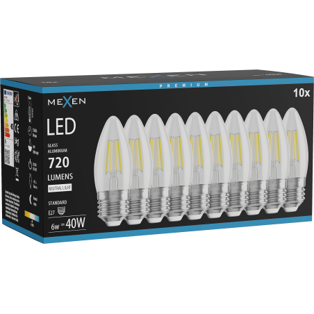 Mexen Vintis 10x žiarovka filament LED E27, C35, 6W, Neutrálna - 4000K, 720 lm, číra - L154-E27-0640-00x10