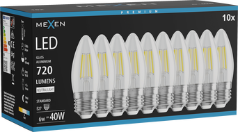 Mexen Vintis 10x žiarovka filament LED E27, C35, 6W, Neutrálna - 4000K, 720 lm, číra - L154-E27-0640-00x10