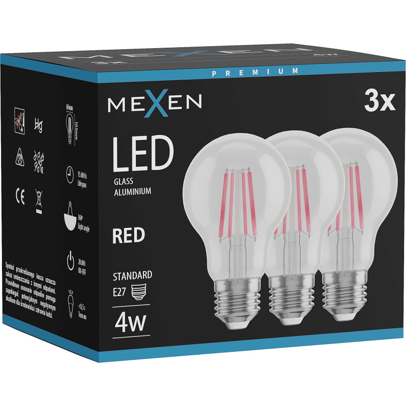 Mexen Vintis 3x LED žiarovka filament E27, A60, 4W, 55 lm, červená - L150-E27-04XX-45x03