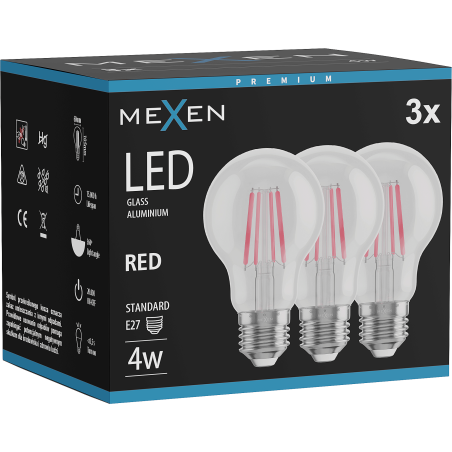 Mexen Vintis 3x LED žiarovka filament E27, A60, 4W, 55 lm, červená - L150-E27-04XX-45x03
