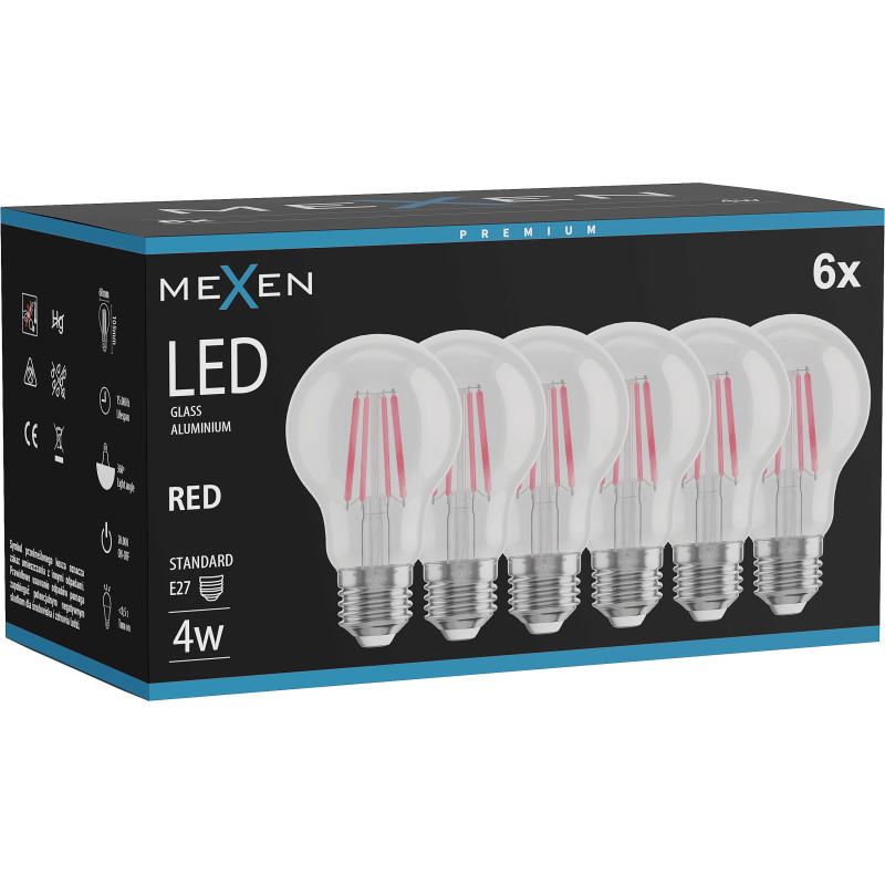 Mexen Vintis 6x LED filamentová žiarovka E27, A60, 4W, 55 lm, červená - L150-E27-04XX-45x06