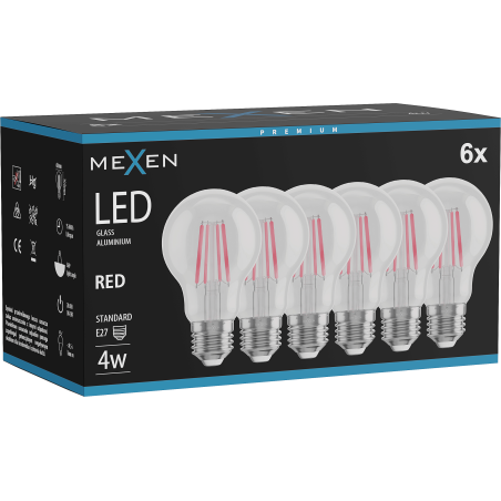 Mexen Vintis 6x LED filamentová žiarovka E27, A60, 4W, 55 lm, červená - L150-E27-04XX-45x06