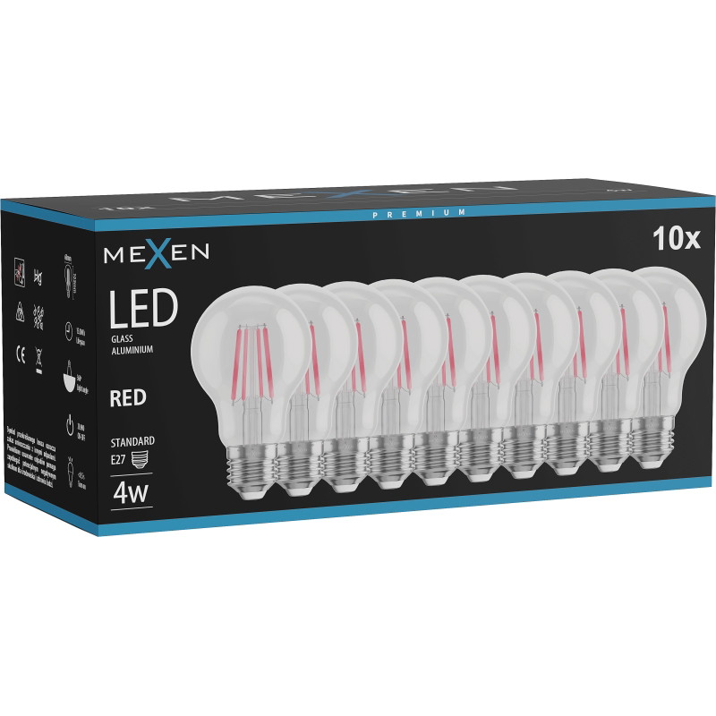 Mexen Vintis 10x žiarovka filament LED E27, A60, 4W, 55 lm, červená - L150-E27-04XX-45x10
