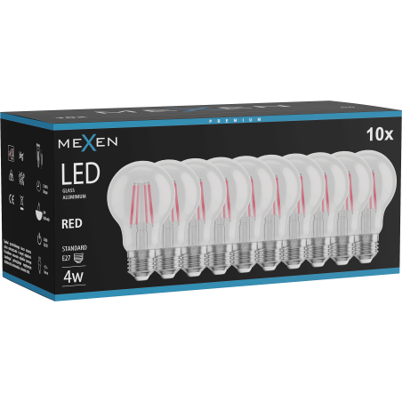 Mexen Vintis 10x žiarovka filament LED E27, A60, 4W, 55 lm, červená - L150-E27-04XX-45x10