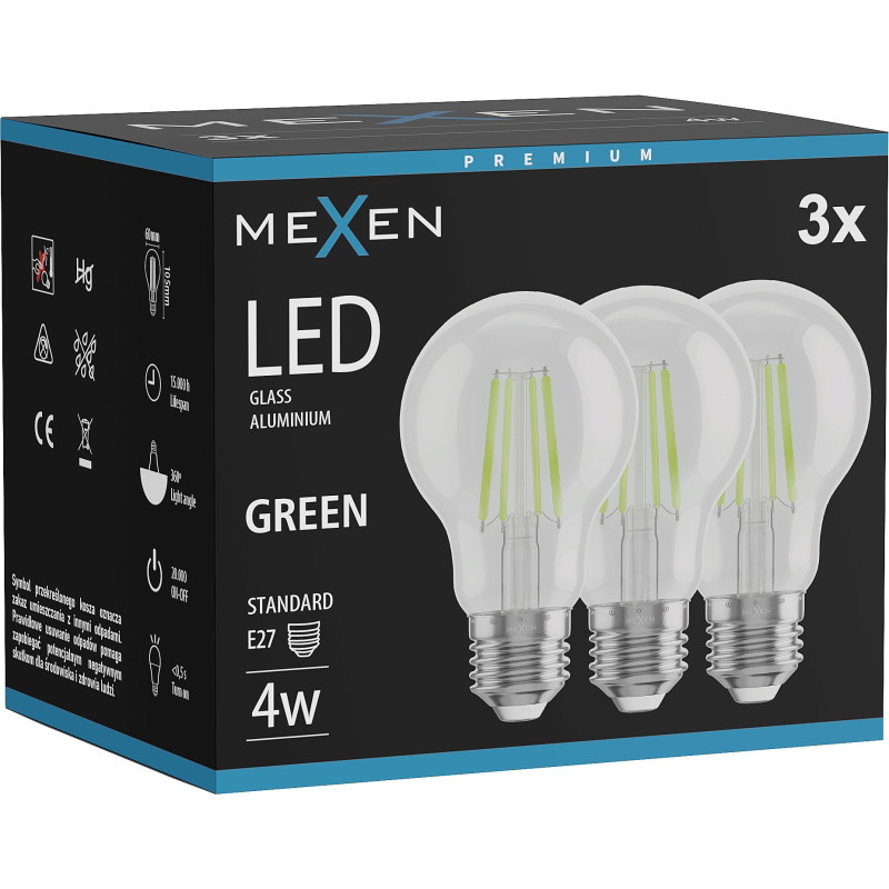 Mexen Vintis 3x žiarovka filament LED E27, A60, 4W, 55 lm, zelená - L150-E27-04XX-46x03