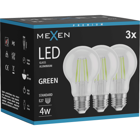Mexen Vintis 3x žiarovka filament LED E27, A60, 4W, 55 lm, zelená - L150-E27-04XX-46x03