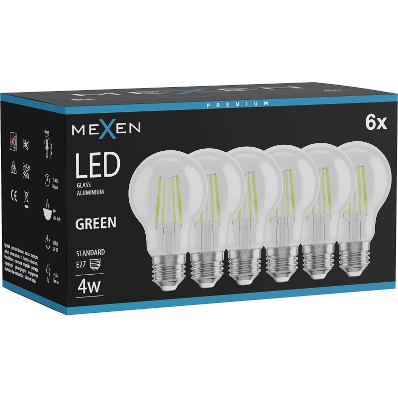 Mexen Vintis 6x LED žiarovka filament E27, A60, 4W, 55 lm, zelená - L150-E27-04XX-46x06
