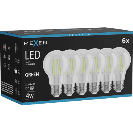 Mexen Vintis 6x LED žiarovka filament E27, A60, 4W, 55 lm, zelená - L150-E27-04XX-46x06