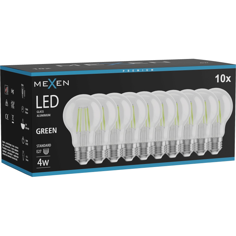 Mexen Vintis 10x žiarovka filament LED E27, A60, 4W, 55 lm, zelená - L150-E27-04XX-46x10