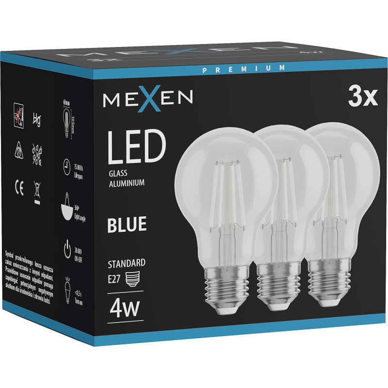 Mexen Vintis 3x Vlákno LED žiarovka E27, A60, 4W, 55 lm, modrá - L150-E27-04XX-47x03
