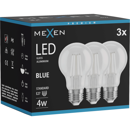 Mexen Vintis 3x Vlákno LED žiarovka E27, A60, 4W, 55 lm, modrá - L150-E27-04XX-47x03