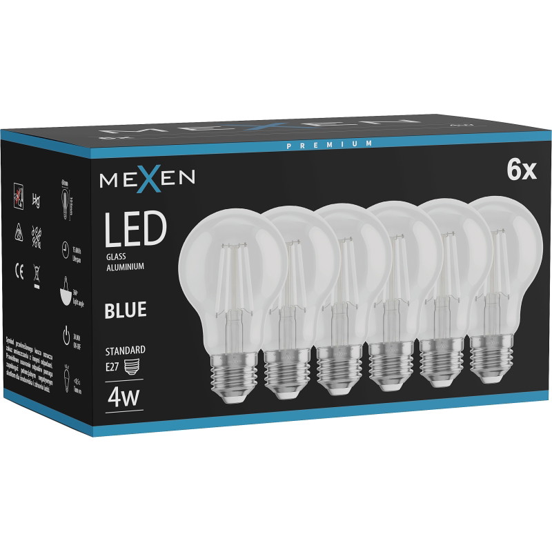 Mexen Vintis 6x žiarovka filament LED E27, A60, 4W, 55 lm, modrá - L150-E27-04XX-47x06