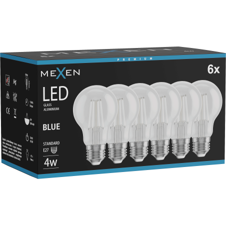 Mexen Vintis 6x žiarovka filament LED E27, A60, 4W, 55 lm, modrá - L150-E27-04XX-47x06