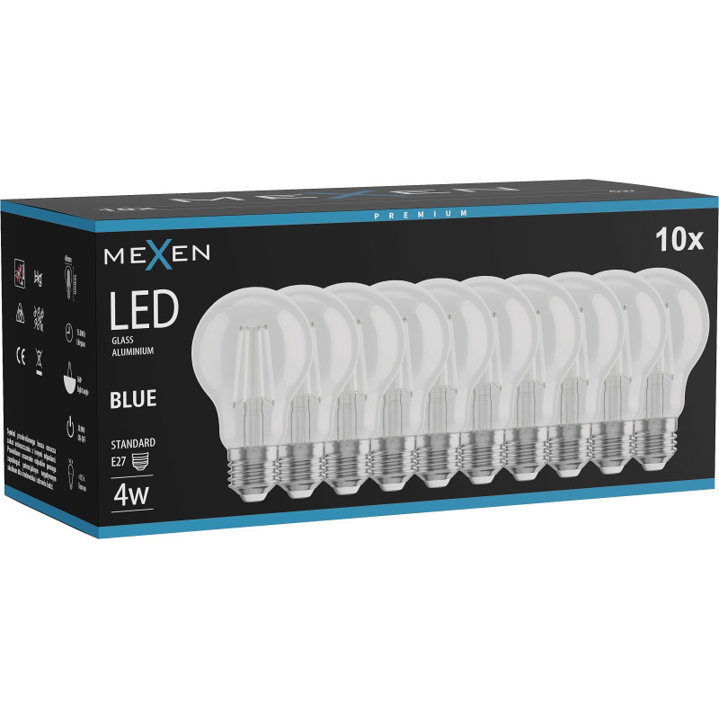 Mexen Vintis 10x žiarovka filament LED E27, A60, 4W, 55 lm, modrá - L150-E27-04XX-47x10