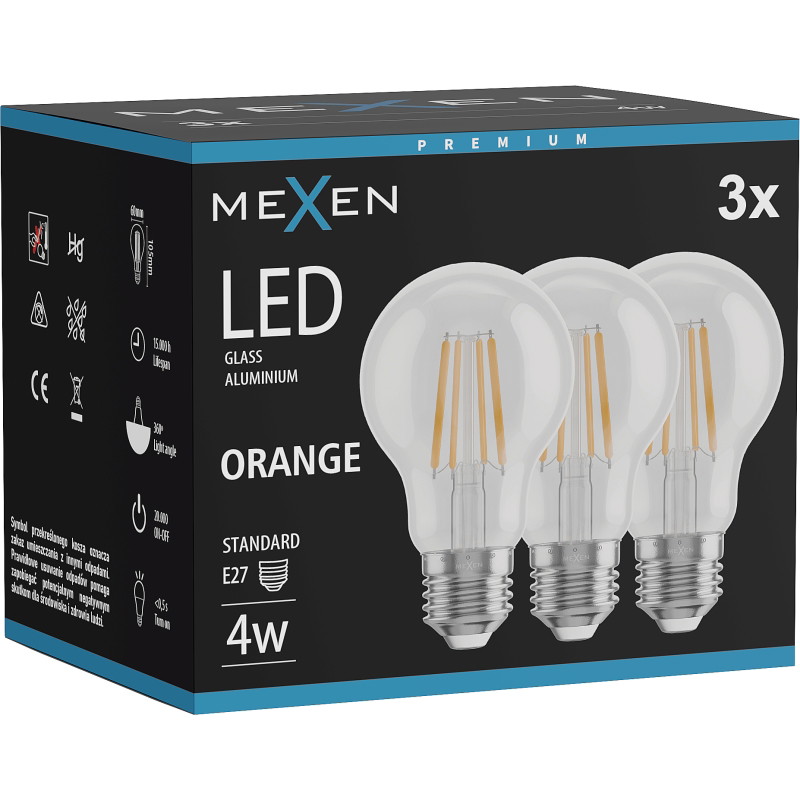 Mexen Vintis 3x LED filamentná žiarovka E27, A60, 4W, 55 lm, oranžová - L150-E27-04XX-48x03