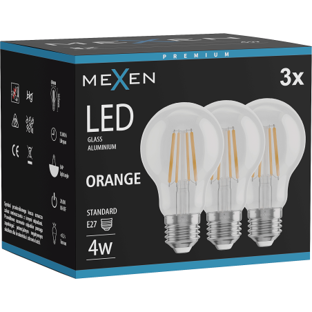 Mexen Vintis 3x LED filamentná žiarovka E27, A60, 4W, 55 lm, oranžová - L150-E27-04XX-48x03