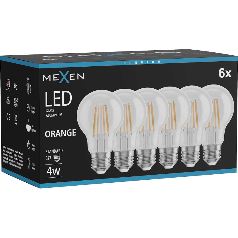 Mexen Vintis 6x Žiarovka filament LED E27, A60, 4W, 55 lm, oranžová - L150-E27-04XX-48x06