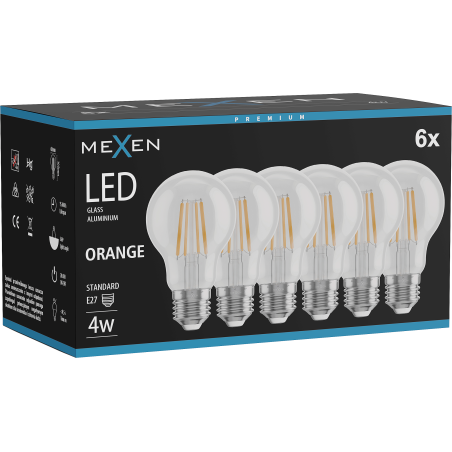 Mexen Vintis 6x Žiarovka filament LED E27, A60, 4W, 55 lm, oranžová - L150-E27-04XX-48x06