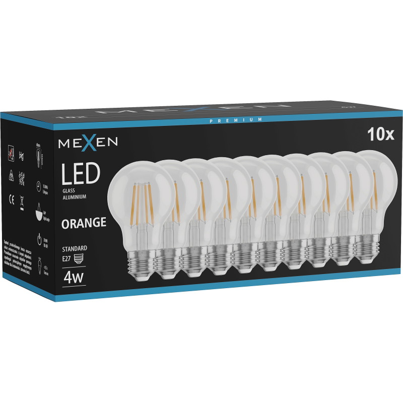 Mexen Vintis 10x LED filamentová žiarovka E27, A60, 4W, 55 lm, oranžová - L150-E27-04XX-48x10