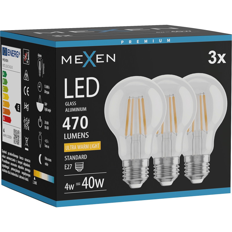 Mexen Vintis 3x Žiarovka filament LED E27, A60, 4W, Teplá - 2200K, 470 lm, číra - L150-E27-0422-00x03