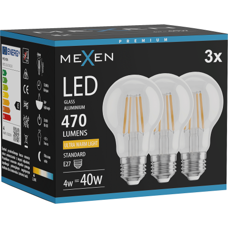 Mexen Vintis 3x Žiarovka filament LED E27, A60, 4W, Teplá - 2200K, 470 lm, číra - L150-E27-0422-00x03