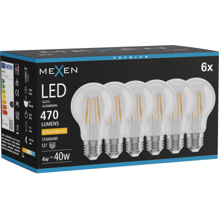 Mexen Vintis 6x LED filamento žiarovka E27, A60, 4W, Teplá - 2200K, 470 lm, číra - L150-E27-0422-00x06