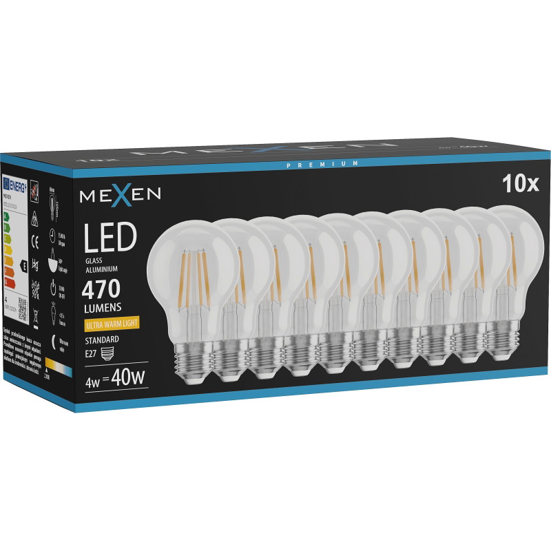 Mexen Vintis 10x LED žiarovka vlákno E27, A60, 4W, Teplá - 2200K, 470 lm, číra - L150-E27-0422-00x10