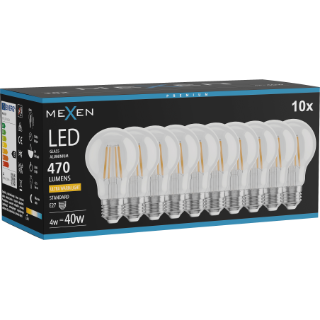 Mexen Vintis 10x LED žiarovka vlákno E27, A60, 4W, Teplá - 2200K, 470 lm, číra - L150-E27-0422-00x10