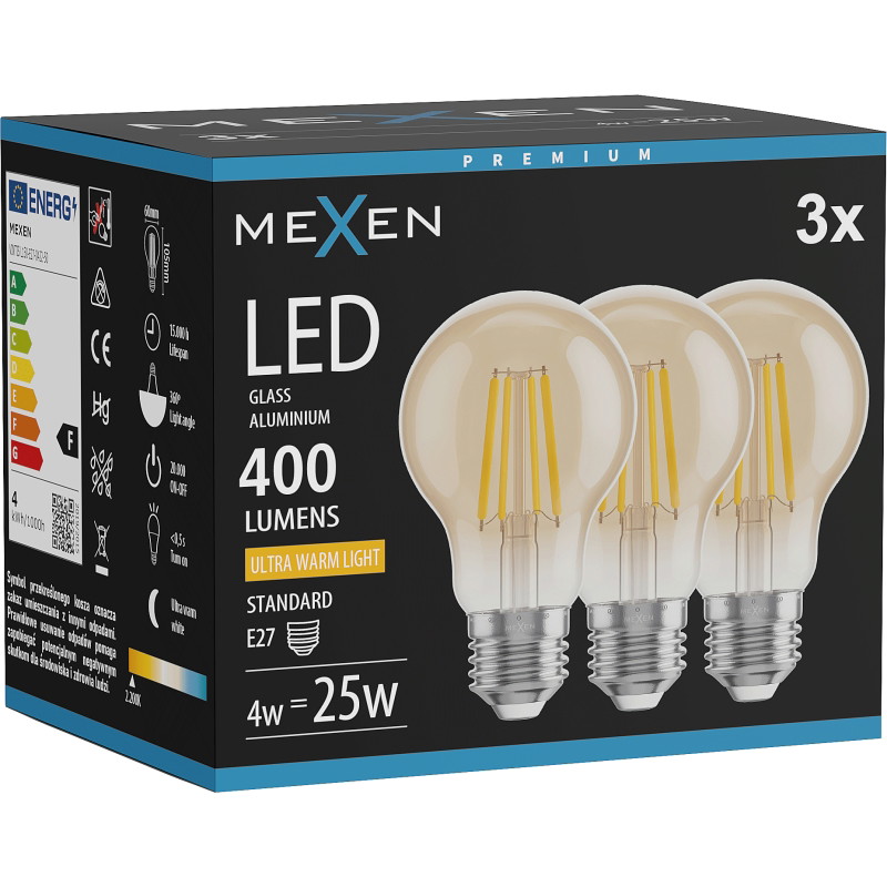 Mexen Vintis 3x LED filament žiarovka E27, A60, 4W, Teplá - 2200K, 400 lm, jantárová - L150-E27-0422-50x03