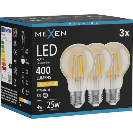 Mexen Vintis 3x LED filament žiarovka E27, A60, 4W, Teplá - 2200K, 400 lm, jantárová - L150-E27-0422-50x03
