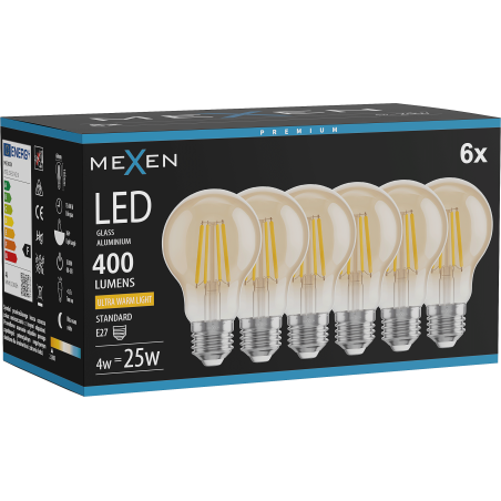 Mexen Vintis 6x LED vláknová žiarovka E27, A60, 4W, Teplá - 2200K, 400 lm, jantárová - L150-E27-0422-50x06