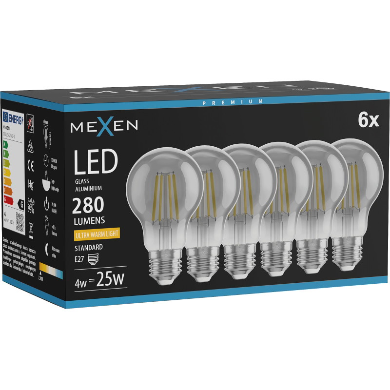 Mexen Vintis 6x LED filamentová žiarovka E27, A60, 4W, Teplá - 2200K, 280 lm, dymová - L150-E27-0422-70x06
