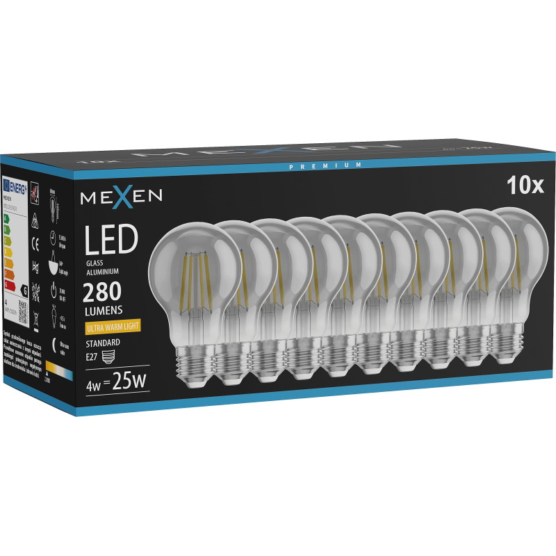 Mexen Vintis 10x žiarovka filament LED E27, A60, 4W, Teplá - 2200K, 280 lm, dym - L150-E27-0422-70x10