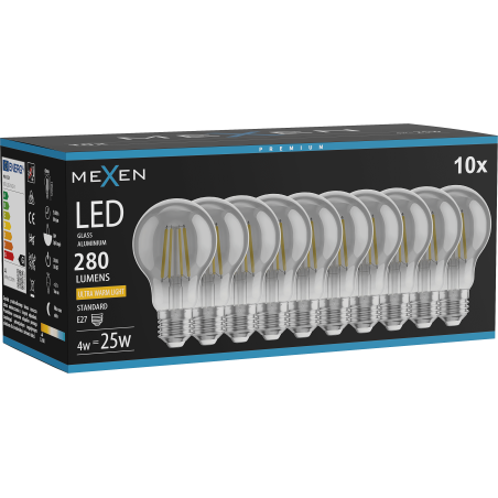 Mexen Vintis 10x žiarovka filament LED E27, A60, 4W, Teplá - 2200K, 280 lm, dym - L150-E27-0422-70x10