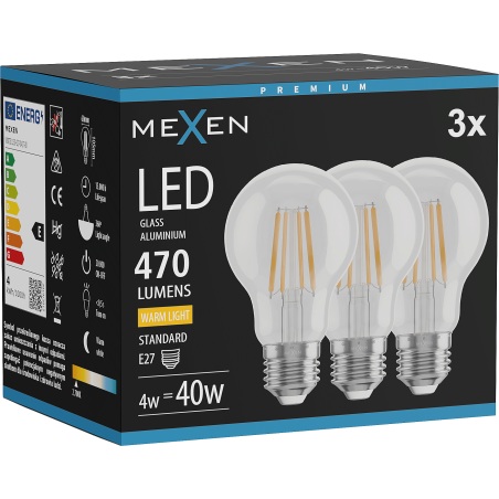 Mexen Vintis 3x LED filamentová žiarovka E27, A60, 4W, Teplá - 2700K, 470 lm, priehľadná - L150-E27-0427-00x03