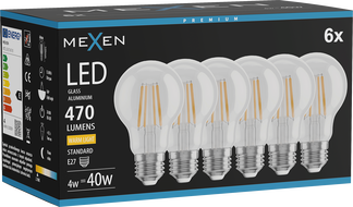 Mexen Vintis 6x Žiarovka filament LED E27, A60, 4W, Teplá - 2700K, 470 lm, číra - L150-E27-0427-00x06