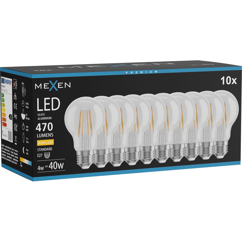Mexen Vintis 10x žiarovka filament LED E27, A60, 4W, Teplá - 2700K, 470 lm, clear - L150-E27-0427-00x10