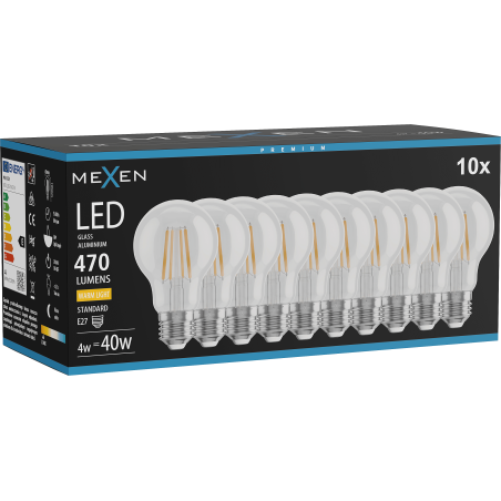 Mexen Vintis 10x žiarovka filament LED E27, A60, 4W, Teplá - 2700K, 470 lm, clear - L150-E27-0427-00x10