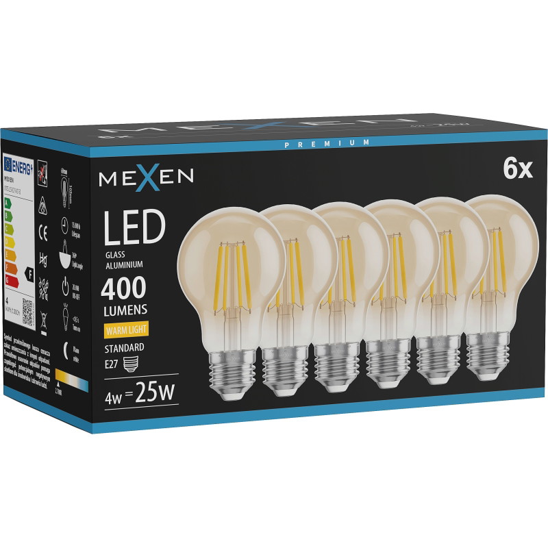 Mexen Vintis 6x Žiarovka LED E27, A60, 4W, Teplá - 2700K, 400 lm, jantárová - L150-E27-0427-50x06