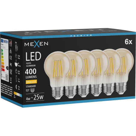 Mexen Vintis 6x Žiarovka LED E27, A60, 4W, Teplá - 2700K, 400 lm, jantárová - L150-E27-0427-50x06