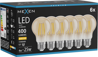 Mexen Vintis 6x Žiarovka LED E27, A60, 4W, Teplá - 2700K, 400 lm, jantárová - L150-E27-0427-50x06