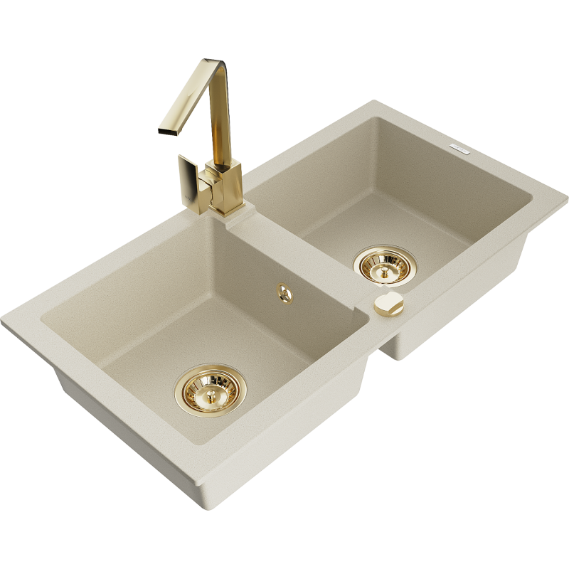 Mexen Mario žulový kuchynský drez 2-komorový s kuchynskou batériou Rita, béžový - 6504-69-670300-50
