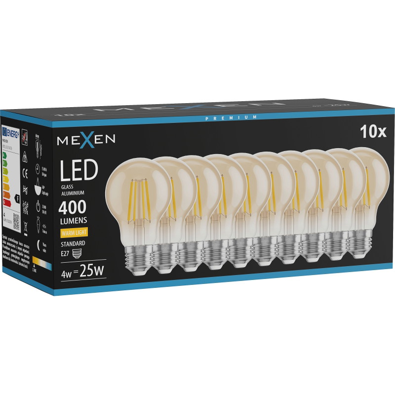 Mexen Vintis 10x Žiarovka filament LED E27, A60, 4W, Teplá - 2700K, 400 lm, jantárová - L150-E27-0427-50x10
