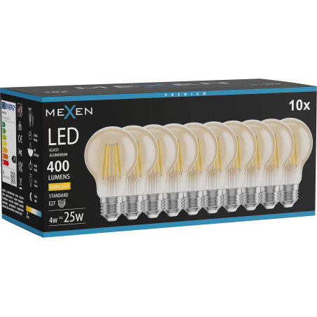 Mexen Vintis 10x Žiarovka filament LED E27, A60, 4W, Teplá - 2700K, 400 lm, jantárová - L150-E27-0427-50x10