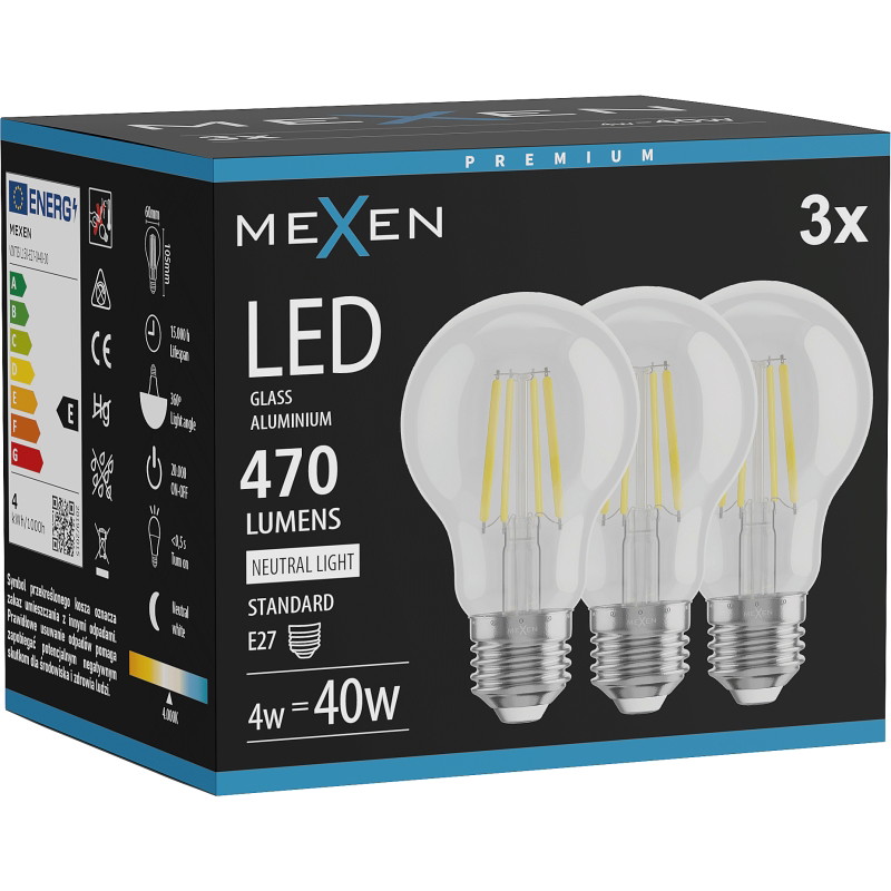 Mexen Vintis 3x LED žiarovka s vláknom E27, A60, 4W, Neutrálna - 4000K, 470 lm, číra - L150-E27-0440-00x03