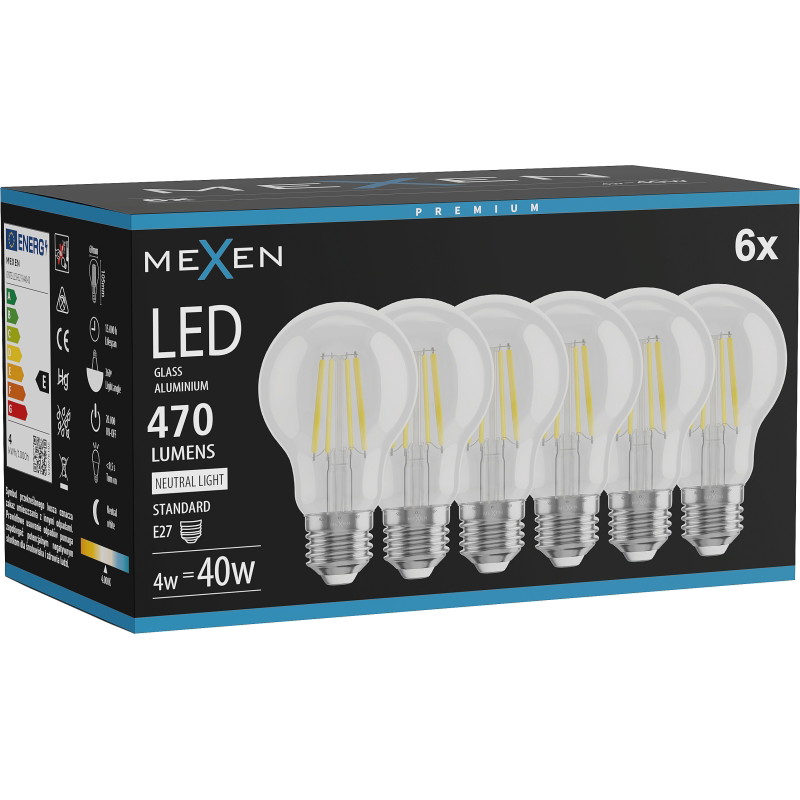 Mexen Vintis 6x Žiarovka filament LED E27, A60, 4W, Neutrálna - 4000K, 470 lm, číra - L150-E27-0440-00x06