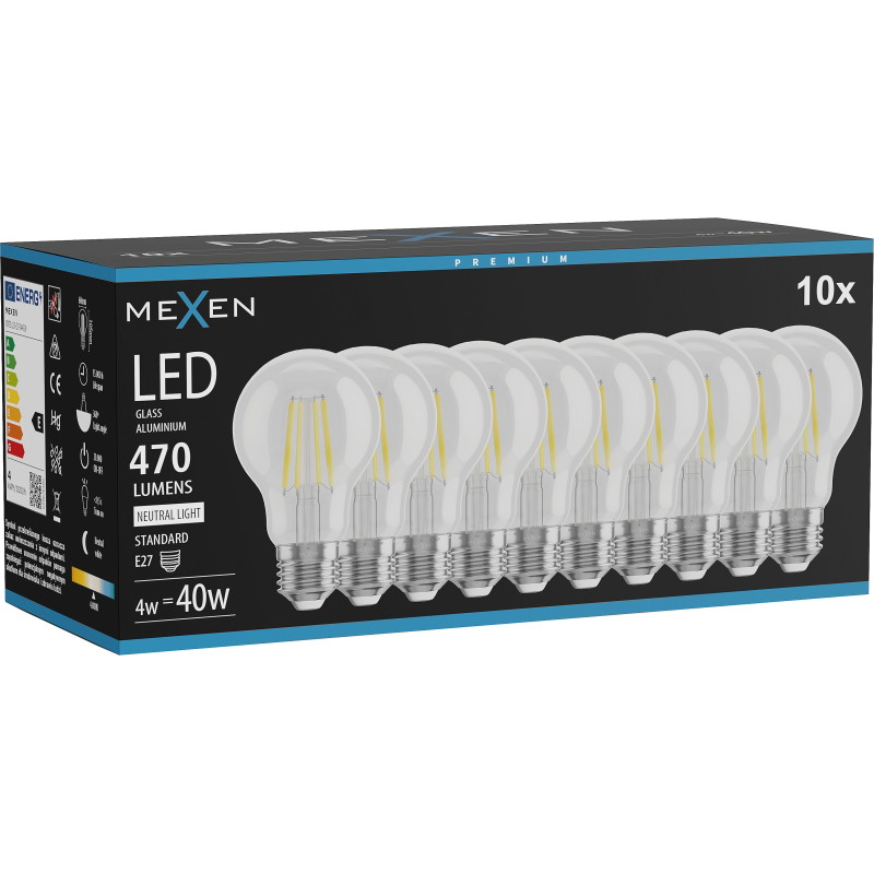 Mexen Vintis 10x žiarovka filament LED E27, A60, 4W, Neutrálna - 4000K, 470 lm, číra - L150-E27-0440-00x10