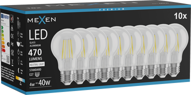 Mexen Vintis 10x žiarovka filament LED E27, A60, 4W, Neutrálna - 4000K, 470 lm, číra - L150-E27-0440-00x10