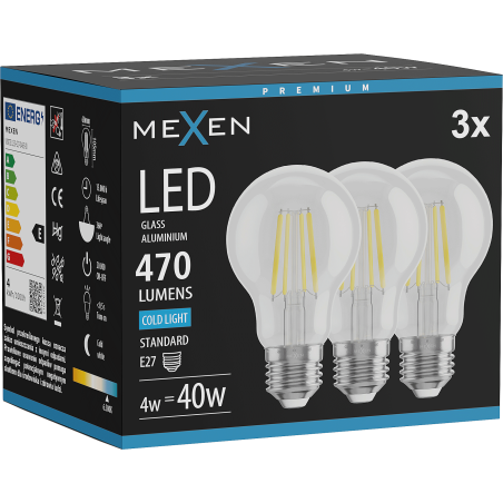 Mexen Vintis 3x Žiarovka filament LED E27, A60, 4W, Studená - 6500K, 470 lm, číra - L150-E27-0465-00x03