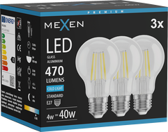 Mexen Vintis 3x Žiarovka filament LED E27, A60, 4W, Studená - 6500K, 470 lm, číra - L150-E27-0465-00x03